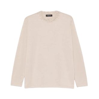 Fabiana Filippi T-shirt met geribde hals - Dames - Ronde hals truien - Beige - XS - Katoen - Truien & Vesten