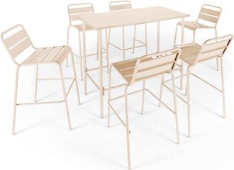 Oviala Mesa alta de jard&iacute;n y 6 sillas de metal marfil