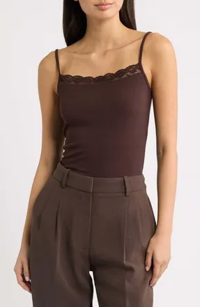 Mango Blondi Lace Trim Ribbed Camisole in Brown at Nordstrom, Size X-Large