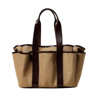 Max Mara Shopping Bags, female, Brown, ONE SIZE, Canvas Tote Bag Leather Trim