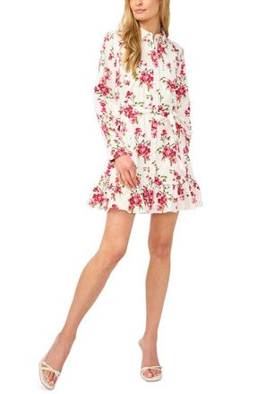 CeCe by Cynthia Steffe Ruffle Floral Print Tie Waist Dress in Egret at Nordstrom, Size 2