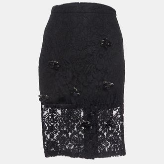 Alexis Alexis Black Brooch Embellished Lace Pencil Skirt