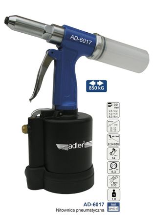 Adler Europe Remachadora Neum&aacute;tica Ad-6017, Herramienta De Alto Rendimiento Para Fijaci&oacute;n De Remaches, Dise&ntilde;o Compacto Y Ergon&oacute;mico, M&aacute;xima Resistencia, Compatibil