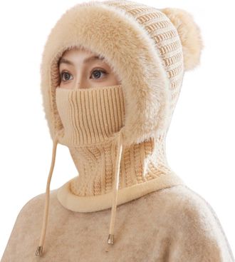Generic Winter Hat Scarf Set for Women Knit Balaclava Ski Mask with Face Mask, Warm Fleece Lined Beanie Hat Pom Pom Bouble Adjustable Drawstring Windproof Hoo