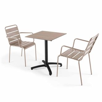 Oviala Mesa reclinable roble claro 60x60 cm con 2 sillones metal topo
