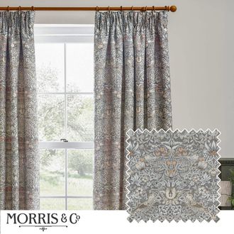 Morris & Co. Strawberry Thief Jacquard Floral Room Darkening Pencil Pleat Curtain Pair in Beige | Size: 229 cm width x 137 cm drop