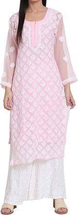 Generic Women Georgette Kurta with Lining, Chikankari Full Butti Embroidered Dress, Indian Readymade Top for Ladies (UK, Alpha, XXL, Regular, Regular, Pink)