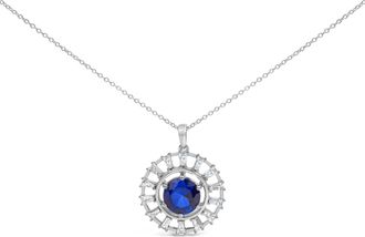House of Brilliance Sterling Silver Lab Grown Sapphire and 3/5 Cttw Baguette Diamond Medallion Pendant Necklace