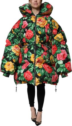 Dolce & Gabbana Womens Multicolor Floral Puffer Hooded Jacket Polyester Clothing