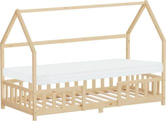 ML Design Ml-design Cama Infantil 90x200 Cm Natural Forma De Casa Con Colch&oacute;n, Protecci&oacute;n Antica&iacute;da, Techo Y Somier, De Madera Maciza De Pino, Lecho Doble Monte