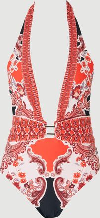 Karen Millen Womens Scarf Mirrored Print Plunge Swimsuit - Red Nylon - Size X-Small
