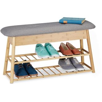 Relaxdays Relaxdays - Banco Zapatero Recibidor, Organizador 8 Pares Zapatos, 2 Baldas, Asiento Con Ba&uacute;l, Bamb&uacute;, 48x90x28 Cm, Natural