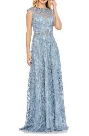Mac Duggal Womens Lace Embellished Cap Sleeve Formal Gown in Slate Blue at Nordstrom, Size 12