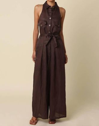 Olivaceous Eve Utility Belted Linen Jumpsuit In Coffee Bean