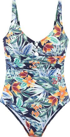 Sunseeker Badeanzug SUNSEEKER Elife, Damen, Gr. 36, Cup C/D, marine, orange, Recycling-Polyamid, bedruckt, Badeanz&uuml;ge Badeanzug, Zierschn&uuml;rung vorne