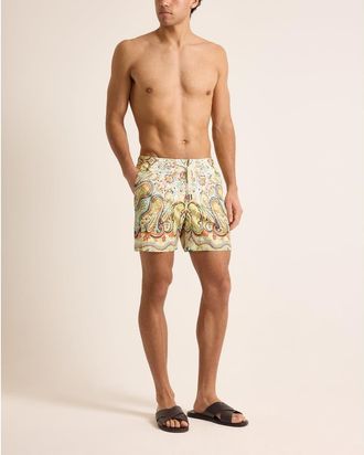 Orlebar Brown Bulldog Drawcord Mid-Length Classic Fit Drawcord Swim Shorts with Fairground Print in Multi/vermillion at Nordstrom, Size 34