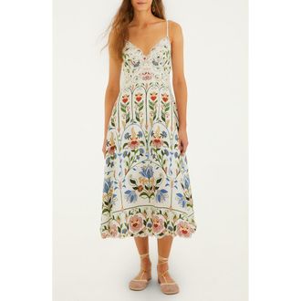 Farm Rio Garden Embroidered Linen Midi Sundress in Off-White at Nordstrom, Size Xx-Small