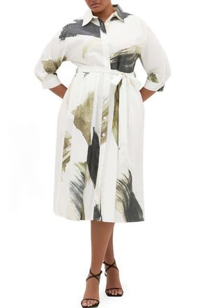 City Chic Angel Brushstroke Belted Cotton Shirtdress in Muse Ivory at Nordstrom, Size Xl