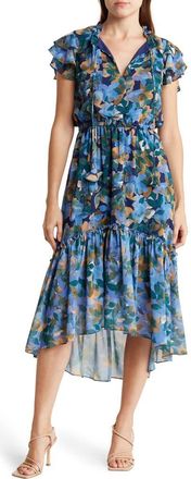 Vince Camuto Floral Flutter Sleeve Chiffon High-Low Midi Dress in Blue at Nordstrom Rack, Size 6