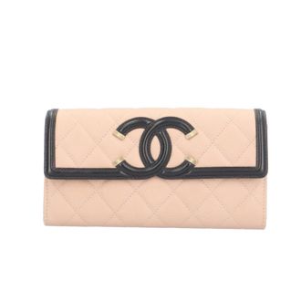 Chanel Beige Black Grained Calfskin Long Wallet (Bi-Fold) (Pre-Owned)