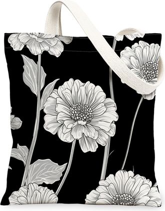 Generic Spring Zinnia Flower Canvas Tote Bag for Shopping 13x15, Black Floral Wildflower Reusable Grocery Print Pattern Bag for Women Men, Aesthetic Retro Aes