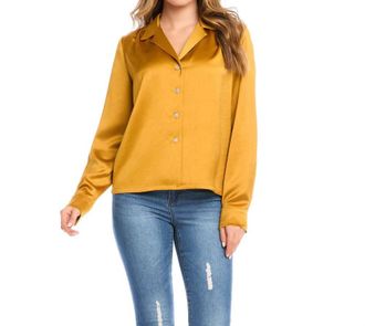 Karen Kane Georgia Satin Long Sleeve Button Down Shirt In Gold