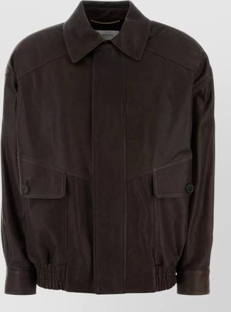 Saint Laurent leather jacket with collared neck and elastic hem