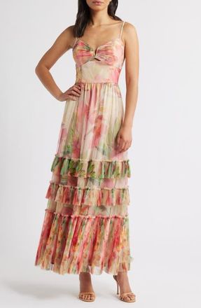 Hutch Tiered Mesh Maxi Sundress in Taupe Floral at Nordstrom, Size 14