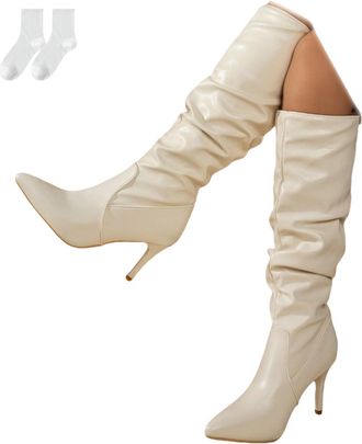 Generic Womens Knee-High Boots with Stiletto Heels, Elegant Slouch Boots with Pointed Toe in A Leather Look, Fashion High-Heeled Tall Boots for Everyday Wear,