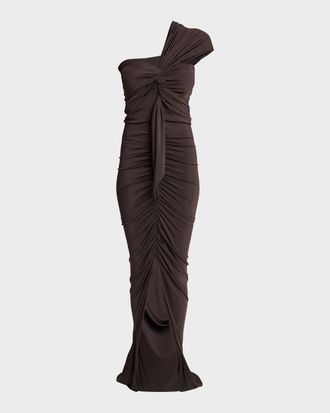 Balmain One-Shoulder Twisted Jersey Slit Gown