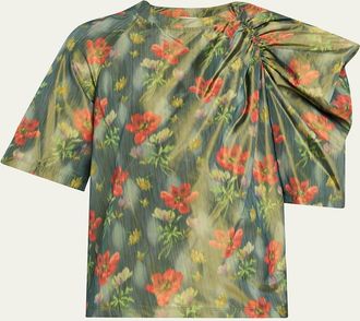 Loewe Floral Taffeta Asymmetric Puff Shoulder Top