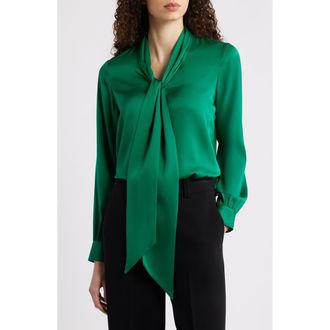 Elie Tahari The Nicoletta Tie Neck Silk Stretch Satin Button-Up Shirt in Parrot Green at Nordstrom, Size Small