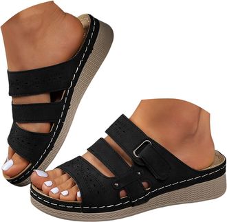 Generic Womens Leather Platform Slide Sandals Chunky Sole Strappy Flat Comfortable Open Toe Slippers with Perforation Design Light Brown Sole with Stitching f