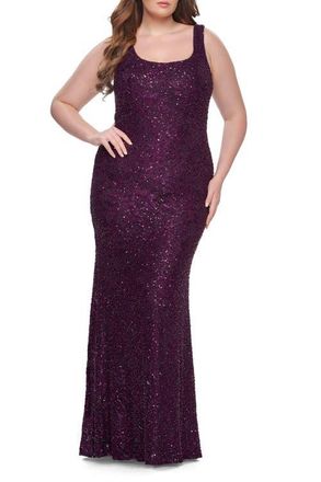 La Femme Beaded Lace Plus Size Fitted Dress with Square Neckline in Dark Berry at Nordstrom, Size 12W