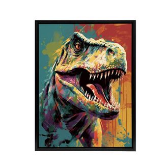 Artery8 Roaring T Rex Colourful Dinosaur Framed Canvas Wall Art Print | Size: W24 x H32