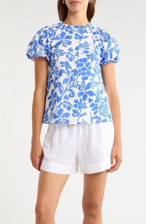 Sugarlips Shia Floral Avy Puff Sleeve Button-Up Shirt in Whte Blue at Nordstrom, Size X-Small