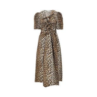Ganni Leopard cotton midi dress Woman 36