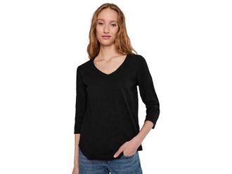 Mod-o-doc 3/4 Sleeve V-Neck T-Shirts with Curved Hem Womens Clothing Black1 : MD (US 8-10), Cotton