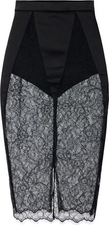 Elisabetta Franchi Rokken, Dames, Zwart, XS, Satijn, Midi-pijpskokerrok met kanten inzetstukken en satijnen afwerking