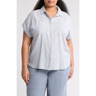 Caslon Double Pocket Linen Blend Camp Shirt in Blue Vintage Leah Stripe at Nordstrom Rack, Size 2X