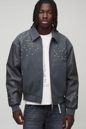 Boohooman Mens Boxy Embellished Cross Applique Melton Bomber Jacket - Charcoal - Size X-Large