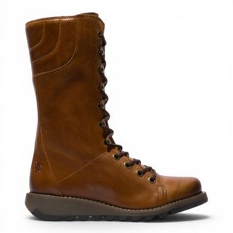 FLY London Womens Brown Leather Strike-Up Combat Ankle Boots - STER768