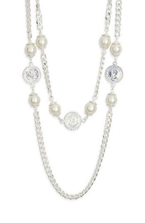 Karine Sultan Faux Pearl Coin Station Chain Necklace in Silver at Nordstrom Rack