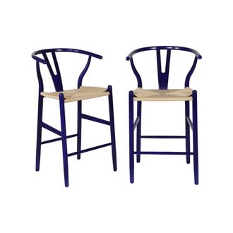 Sweeek Taburete de bar vintage de madera de haya y cuerdas, set de 2, azul