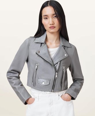 AllSaints Sheep Leather Elora Cropped Slim Leather Biker Jacket, Size: UK 14/US 10