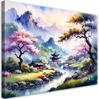Feeby Cuadro En Lienzo Pagoda Japonesa Paisaje En Tonos Pastel 100x70