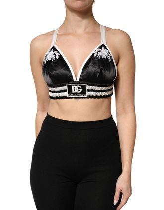 Dolce & Gabbana Floral-Embroidered Logo Bralette Top - Black