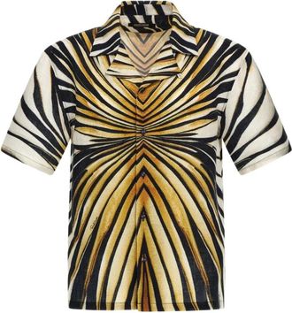 Roberto Cavalli Gouden Print Bowling Kraag Shirt - Heren - Korte mouwen Overhemden - Veelkleurig - L - Overhemden