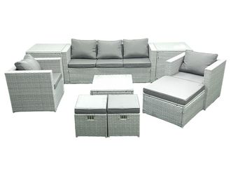 Fimous Rattan Garden Outdoor Furniture Sofa Set with Square Coffee Table 2 Chairs 3 Footstools 2 Side Tables Light Grey Mixed