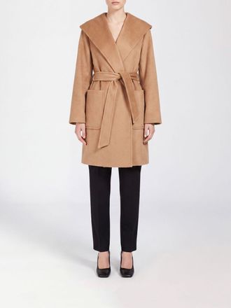 Max Mara Knee-Length Camel Wool Robe Coat with Shawl Collar and Belt